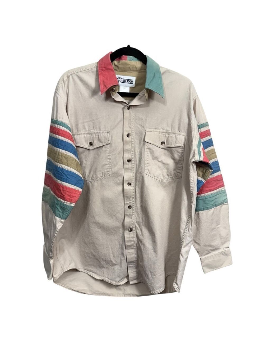 Vintage Stetson Stripe Sleeve Western Shirt Colorblock Cotton Size M